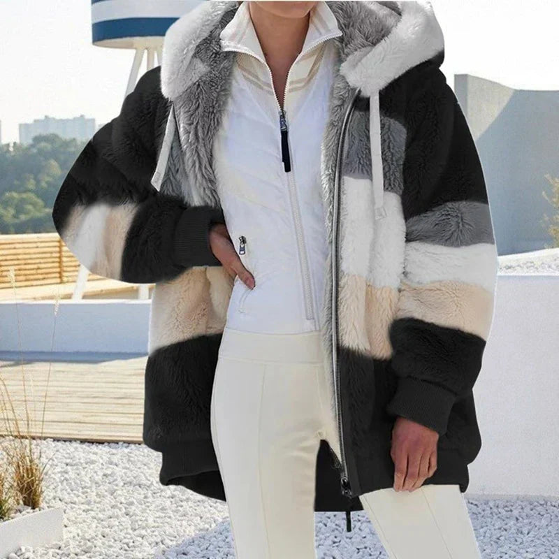 Damen-Oversize-Mantel, Fleece mit Kunstfell-1