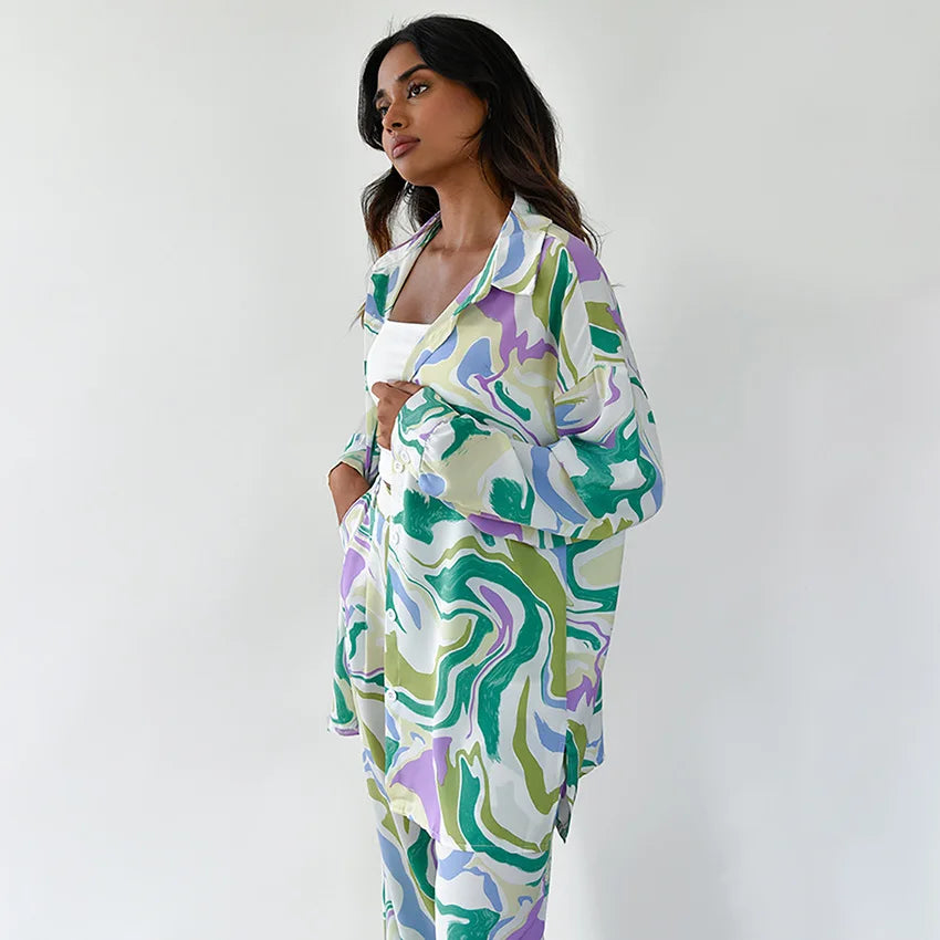 Damen-Set, zweiteilig, langärmelige Bluse, hochwertiger Stoff, Hose-3