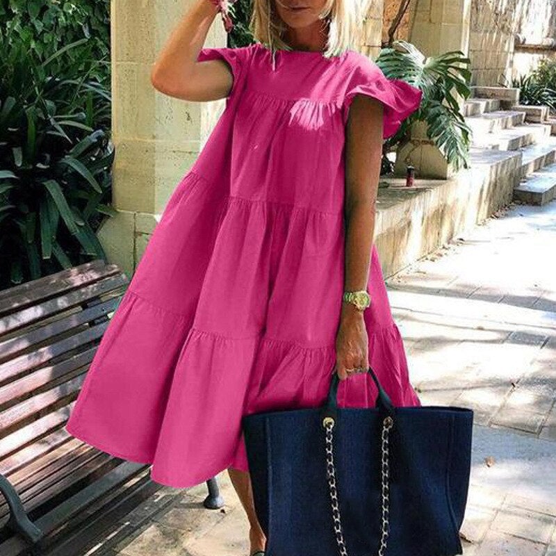 Damen-Midikleid mit ausgestelltem Rock und kurzen Ärmeln aus Polyester – eleganter und zeitloser Stil für alle Anlässe 14