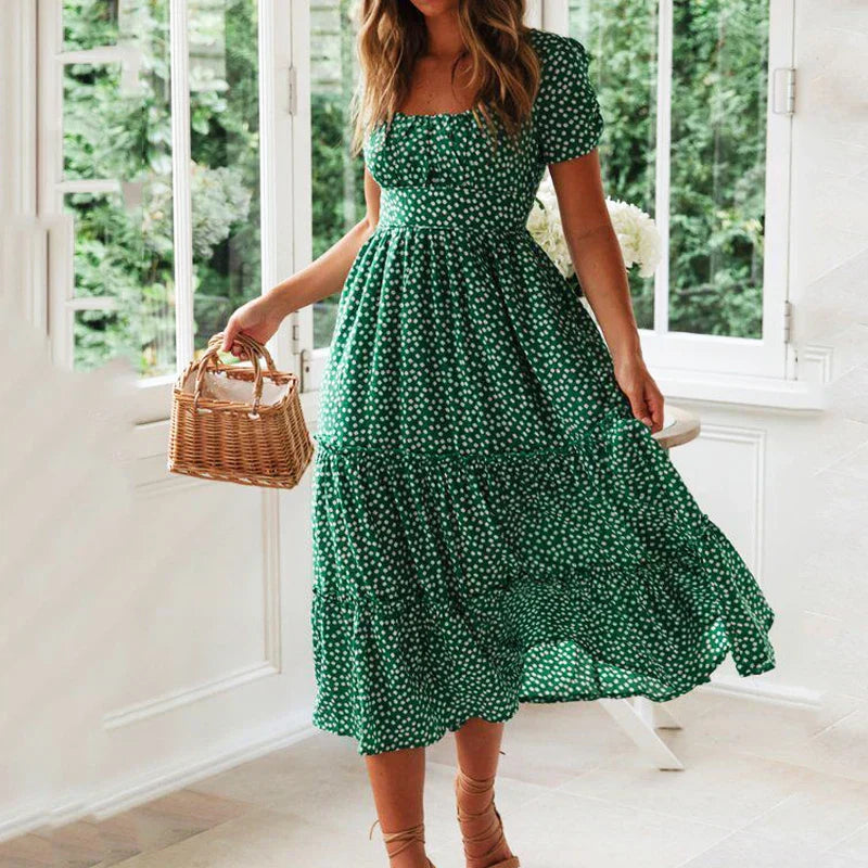 Damen-Maxikleid, eckiger Ausschnitt, leichtes Material, Sommer-2