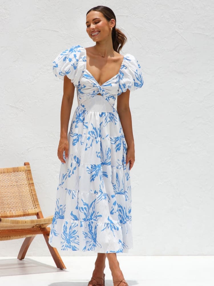 Midi-Kleid für Damen mit Puffärmeln und Blumenmuster – Lässige Passform aus Polyester, perfekt für Sommerfeste 2