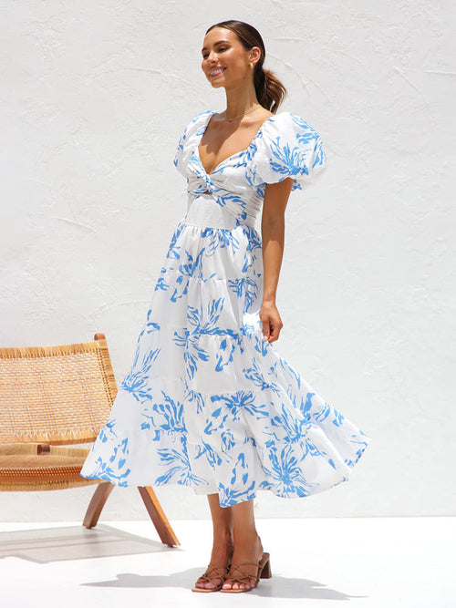 Midi-Kleid für Damen mit Puffärmeln und Blumenmuster – Lässige Passform aus Polyester, perfekt für Sommerfeste 1
