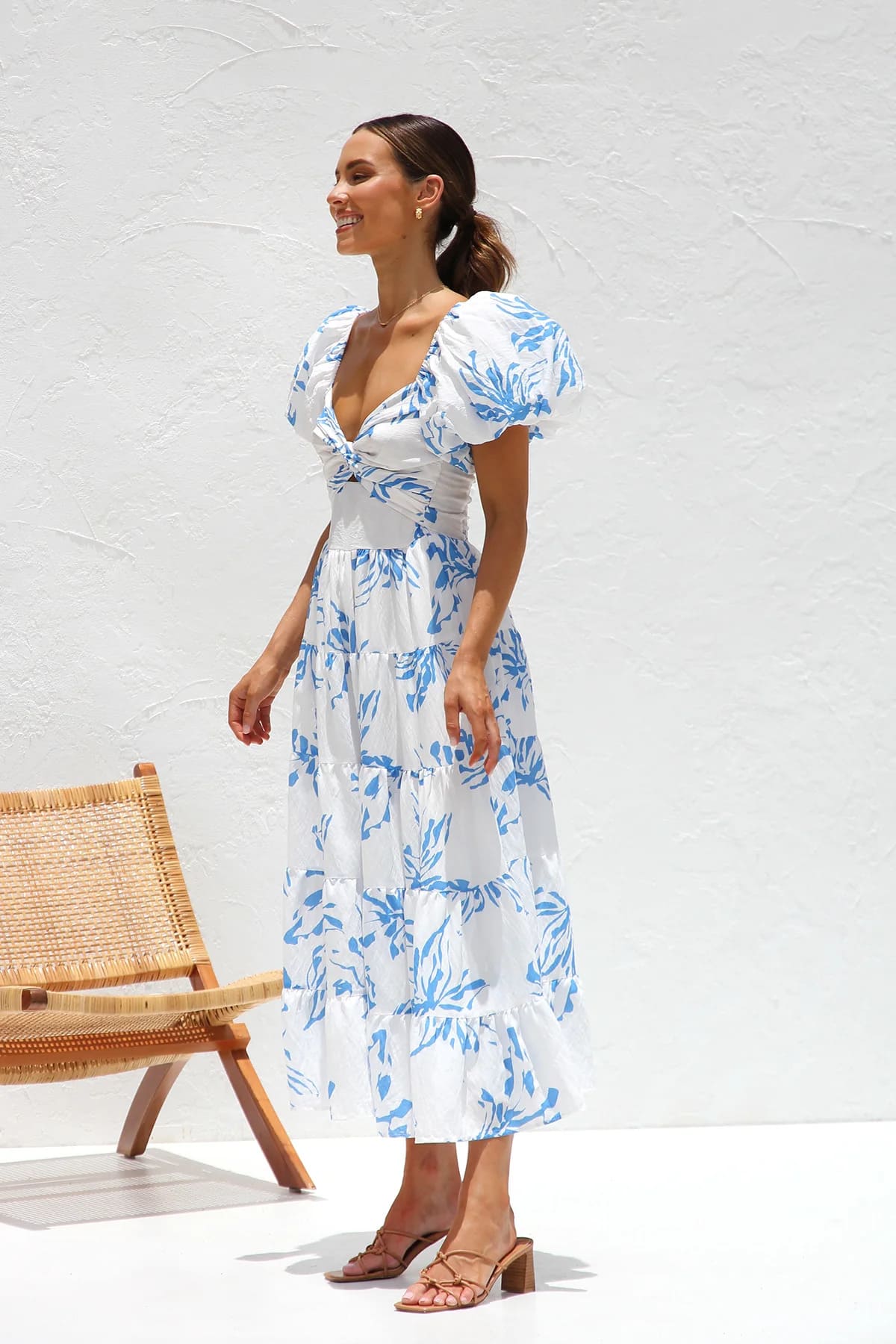 Midi-Kleid für Damen mit Puffärmeln und Blumenmuster – Lässige Passform aus Polyester, perfekt für Sommerfeste 3