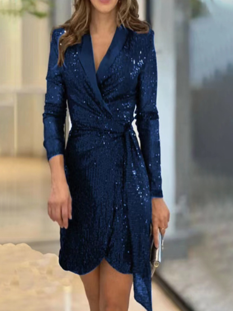 Damen-Wickelkleid, lange Ärmel, Pailletten, Polyester-4