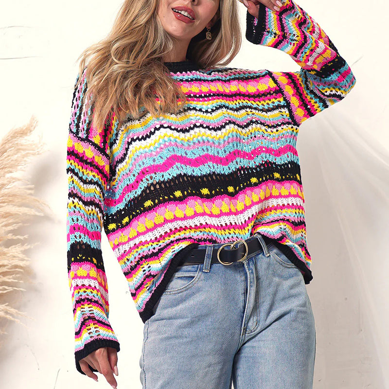 Damen-Strickpullover, bunt, gestreiftes Acryl und Baumwolle-4