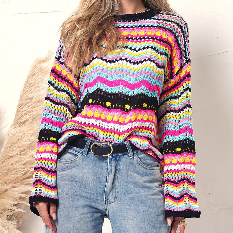 Damen-Strickpullover, bunt, gestreiftes Acryl und Baumwolle-2