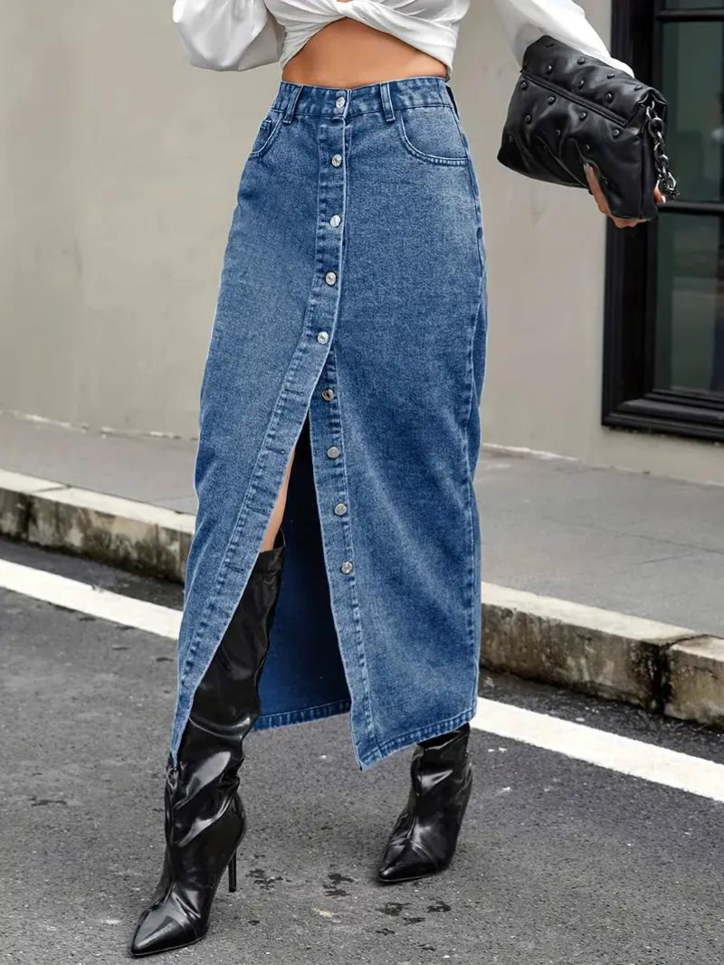 Damen-Jeansrock, lang, dehnbarer Denim für Damen 10