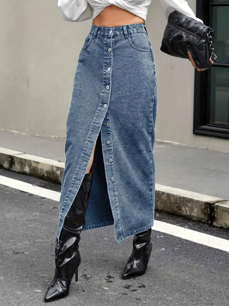Damen-Jeansrock, lang, dehnbarer Denim für Damen 8