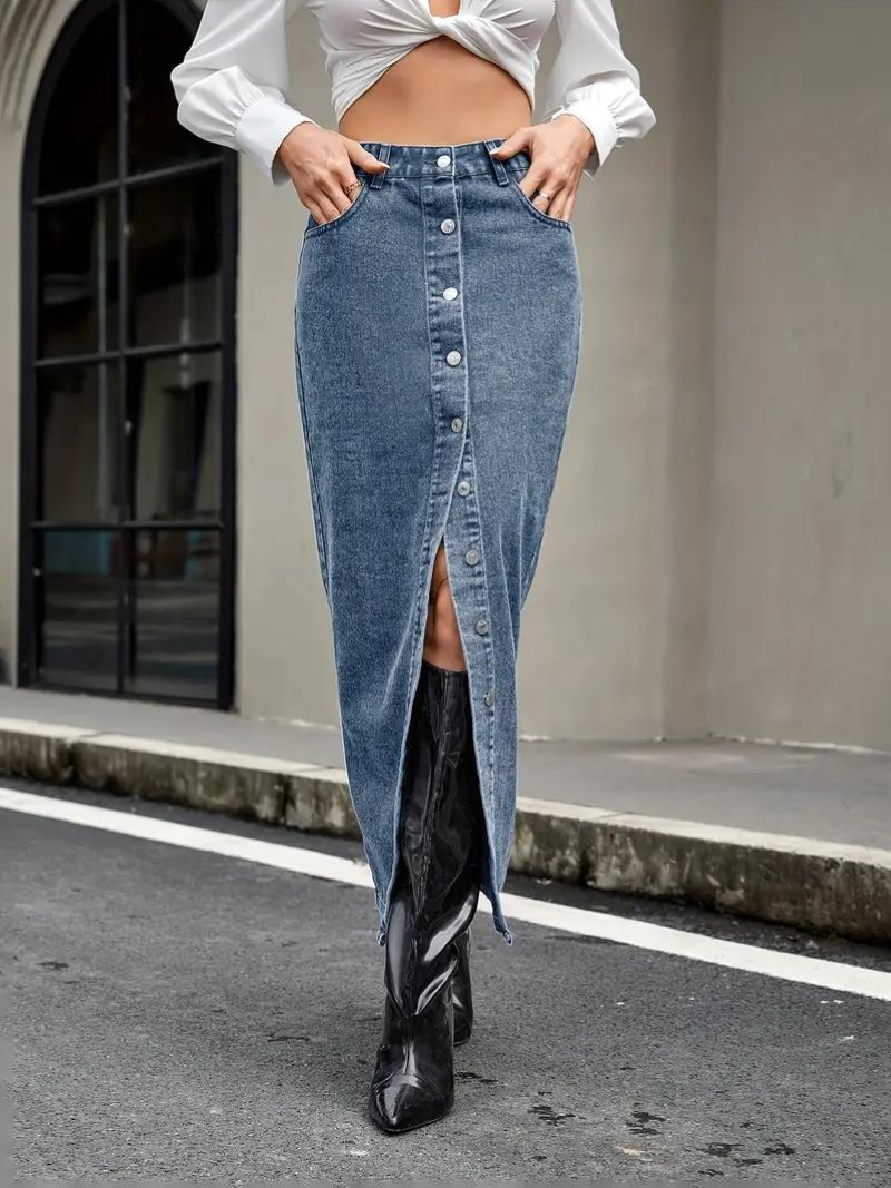 Damen-Jeansrock, lang, dehnbarer Denim für Damen 6