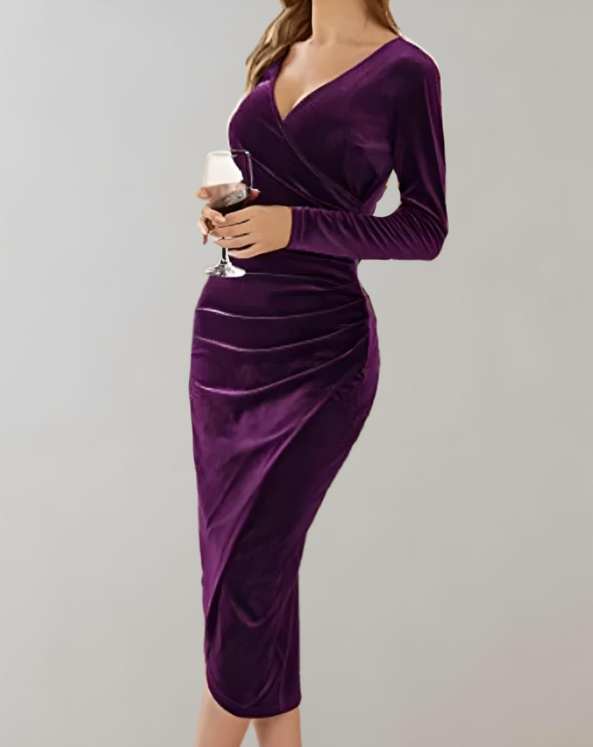 Damenkleid, Wickel, aus luxuriösem Samt, lange Ärmel-4