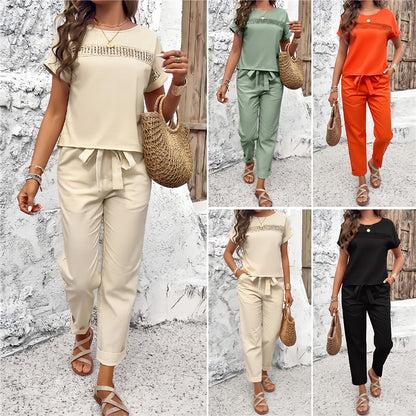 Damen-Lässiges Set, kurzärmeliges Top und Hose aus Baumwolle-2