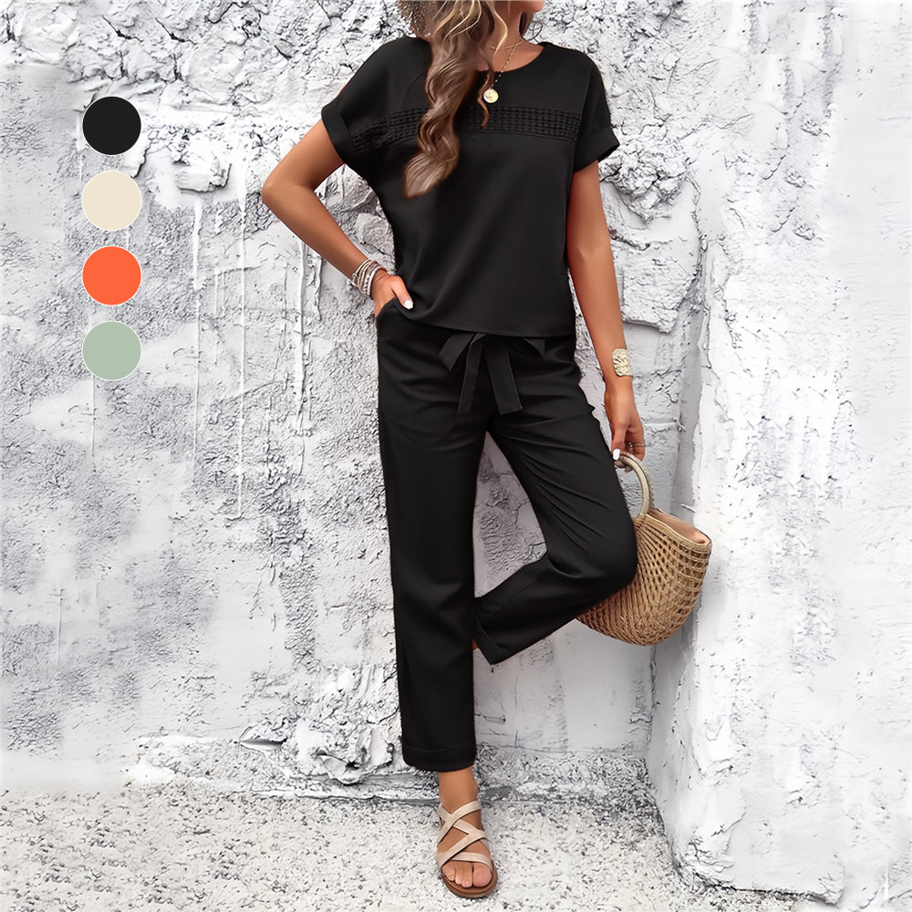 Damen-Lässiges Set, kurzärmeliges Top und Hose aus Baumwolle-5