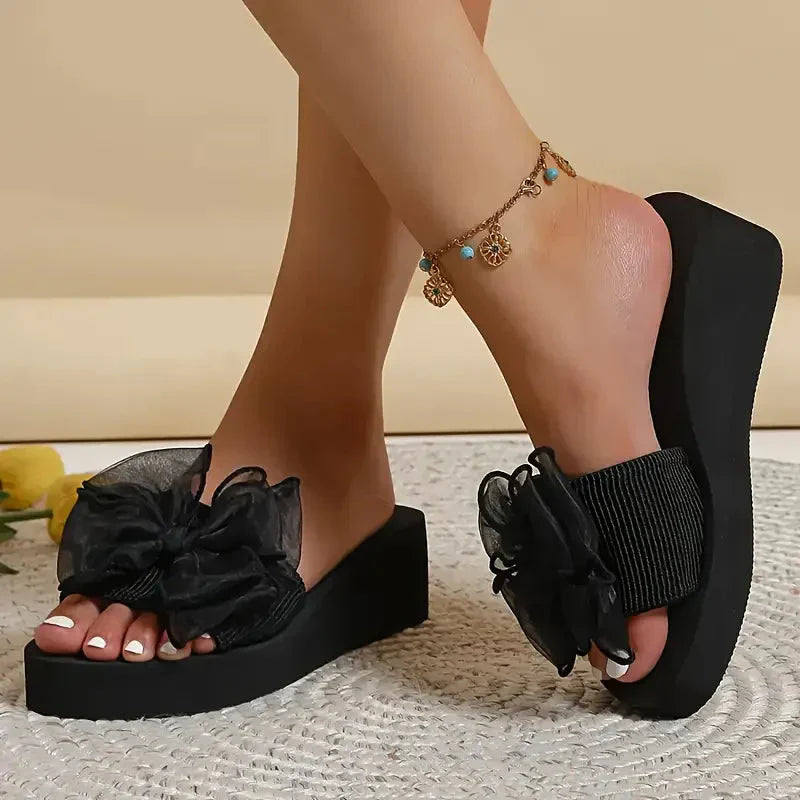 Damen-Keilsandalen mit Schleifenschnürung und Plateau Textil-5
