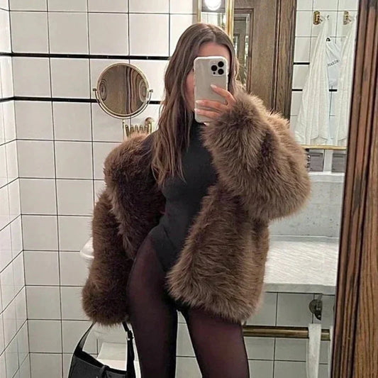 Damen-Kurze Jacke, aus Kunstfell, flauschig, Design, elegant, warm-1