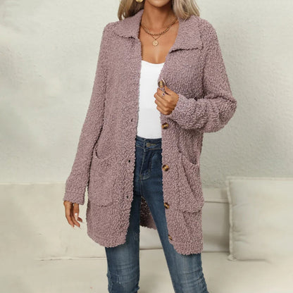 Damen-lange Strickjacke, einfarbige Baumwolle und Acryl, mit Taschen 2