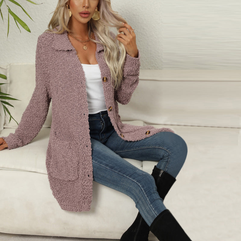 Damen-lange Strickjacke, einfarbige Baumwolle und Acryl, mit Taschen 3