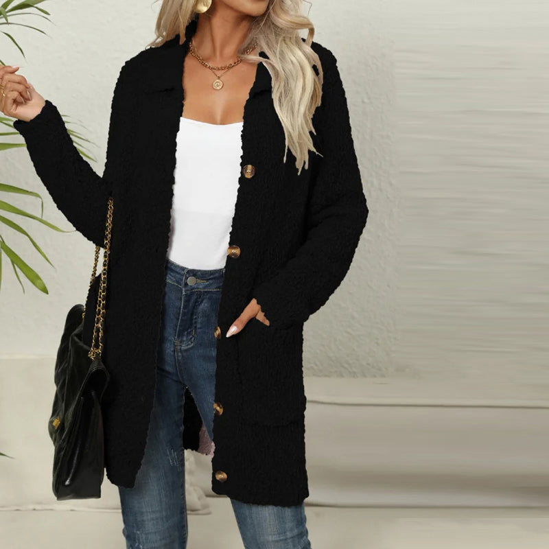 Damen-lange Strickjacke, einfarbige Baumwolle und Acryl, mit Taschen 6