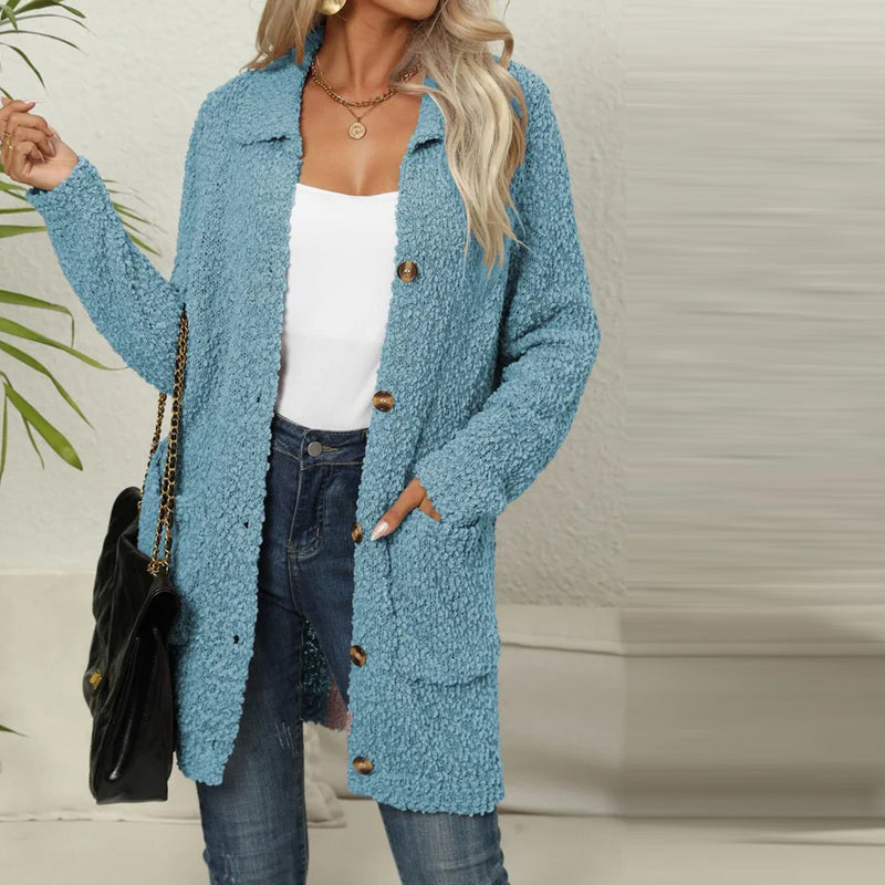 Damen-lange Strickjacke, einfarbige Baumwolle und Acryl, mit Taschen 8