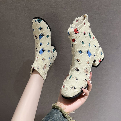 Damen-Knöchelstiefel, geometrisches Design, Leder, mit Reißverschluss 1