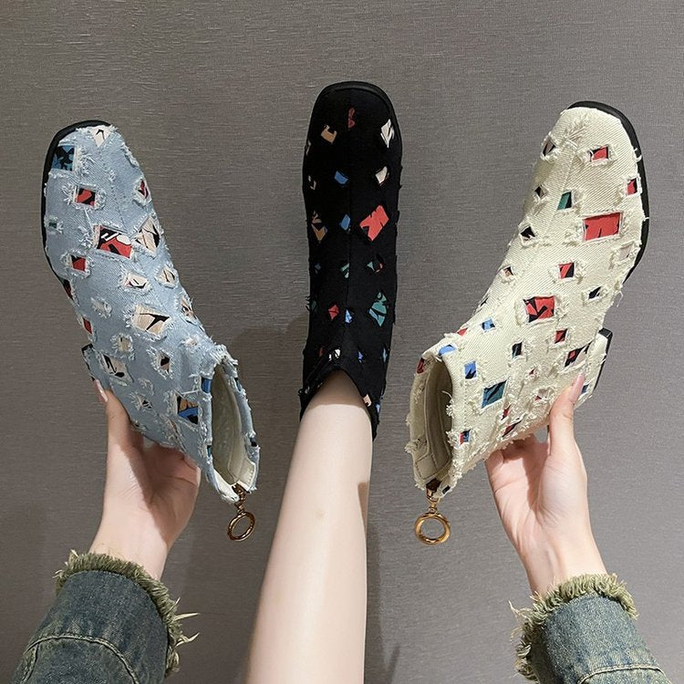 Damen-Knöchelstiefel, geometrisches Design, Leder, mit Reißverschluss 3