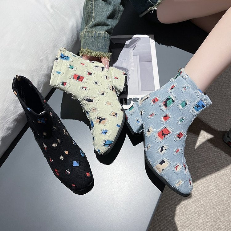 Damen-Knöchelstiefel, geometrisches Design, Leder, mit Reißverschluss 4