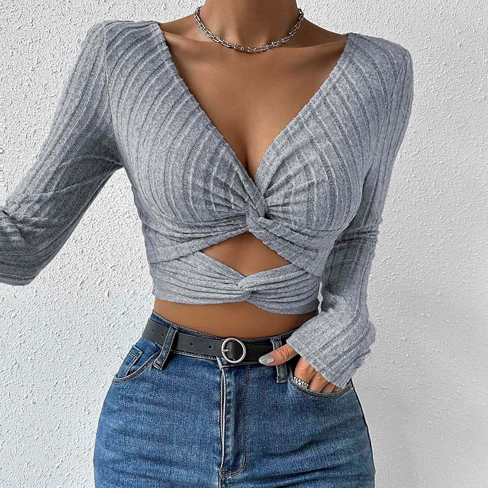 Damen-Bluse, tiefer V-Ausschnitt, Knotendesign, weicher Stoff 0