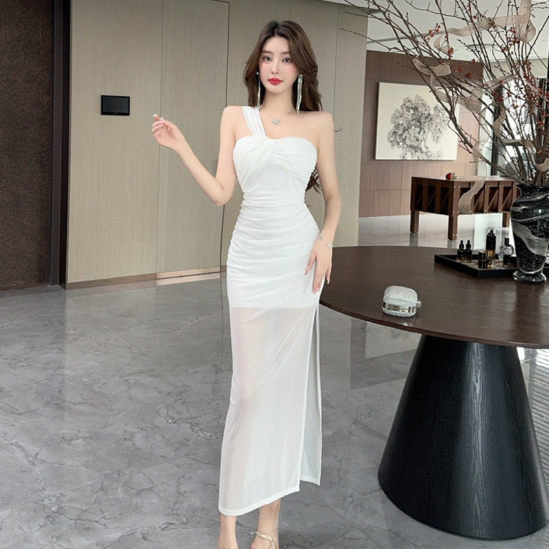 Damen-Kleid, lang, eine Schulter, Spaghettiträger, Netz, Spandex 0