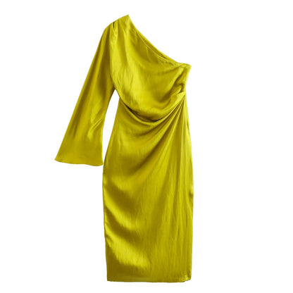 Damen-Midikleid, eine Schulter, Satin 0