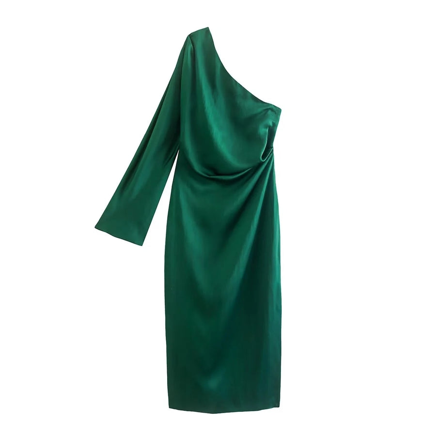 Damen-Midikleid, eine Schulter, Satin 2