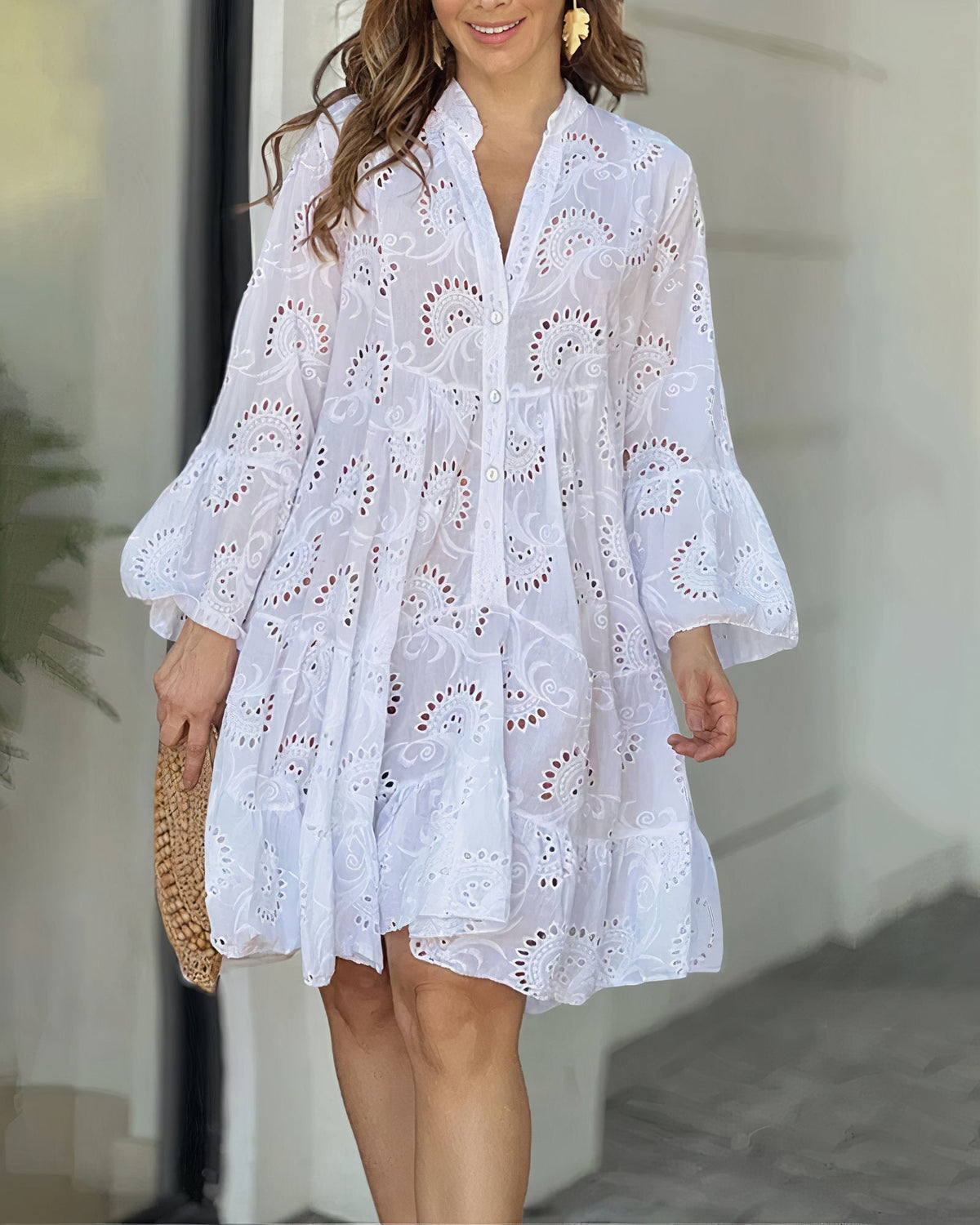 Damen-Sommerkleid, fließendes Polyester, V-Ausschnitt, 7/8-Ärmel-3