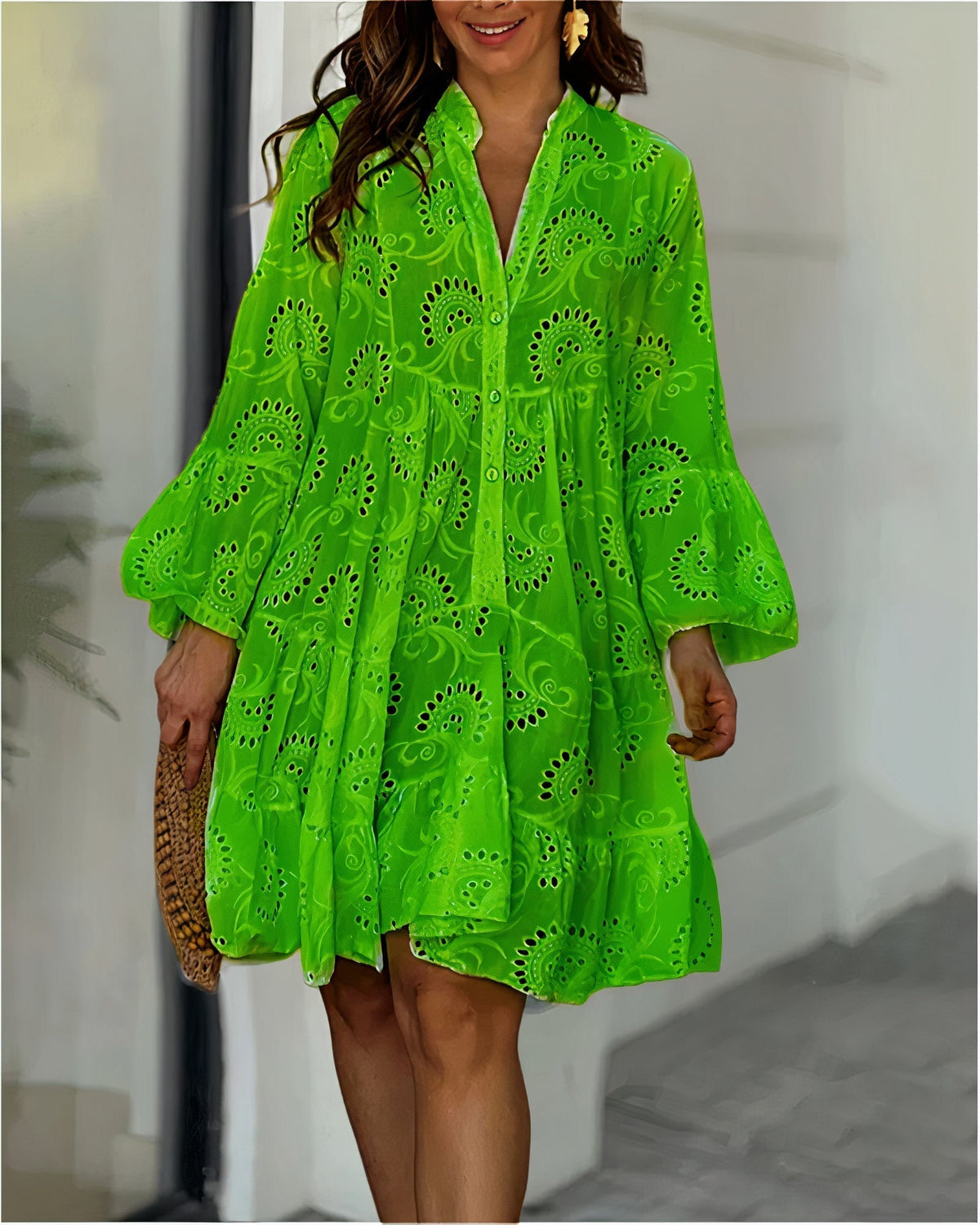 Damen-Sommerkleid, fließendes Polyester, V-Ausschnitt, 7/8-Ärmel-4