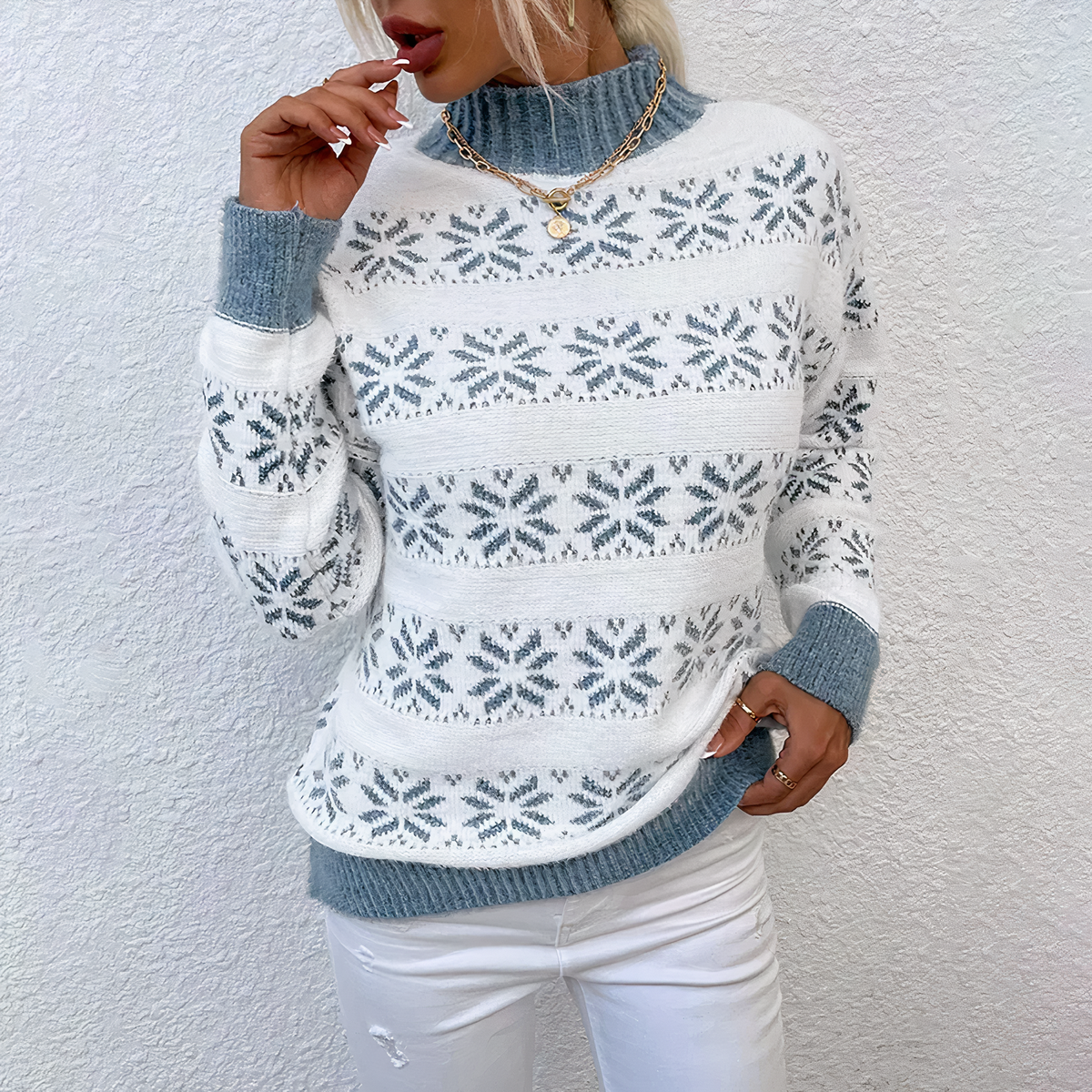Variant image for Damen-Strickpullover, Schneeflockenmuster, weiches Material, Winter-10
