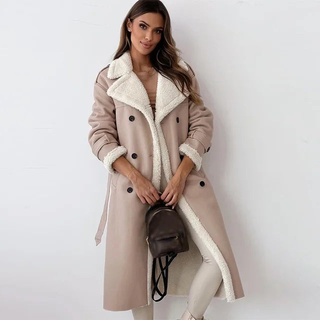 Langer Wintermantel Damen Elegant Polyester Wollmischung 0
