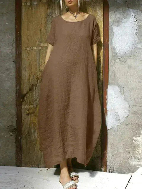 Damen-Maxikleid, locker geschnitten mit kurzen Ärmeln, 100% Baumwolle-3
