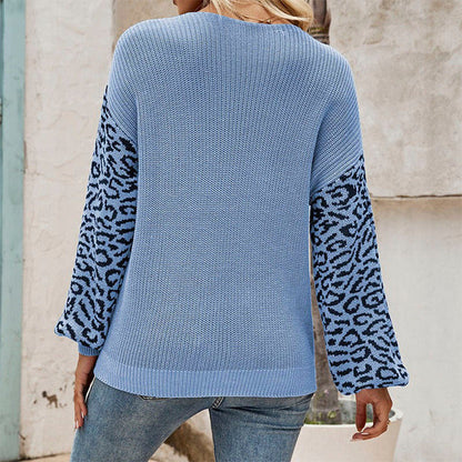 Damen-Strickpullover, V-Ausschnitt, Leoparden-Patchwork, Baumwolle, Acryl-4