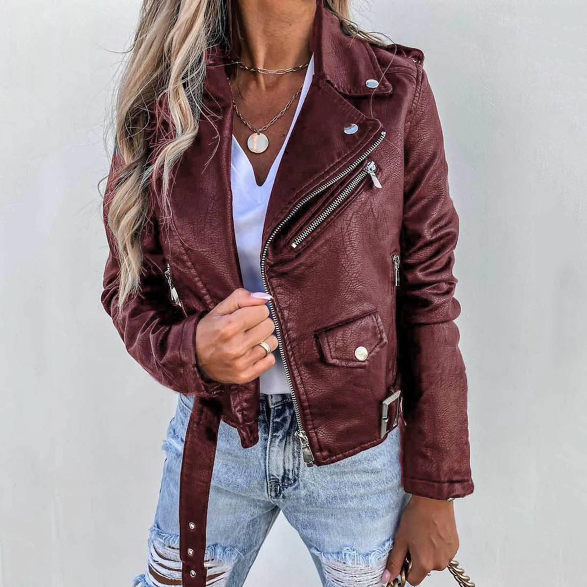 Damen-Lederjacke, Slim Fit, langer Ärmel-1