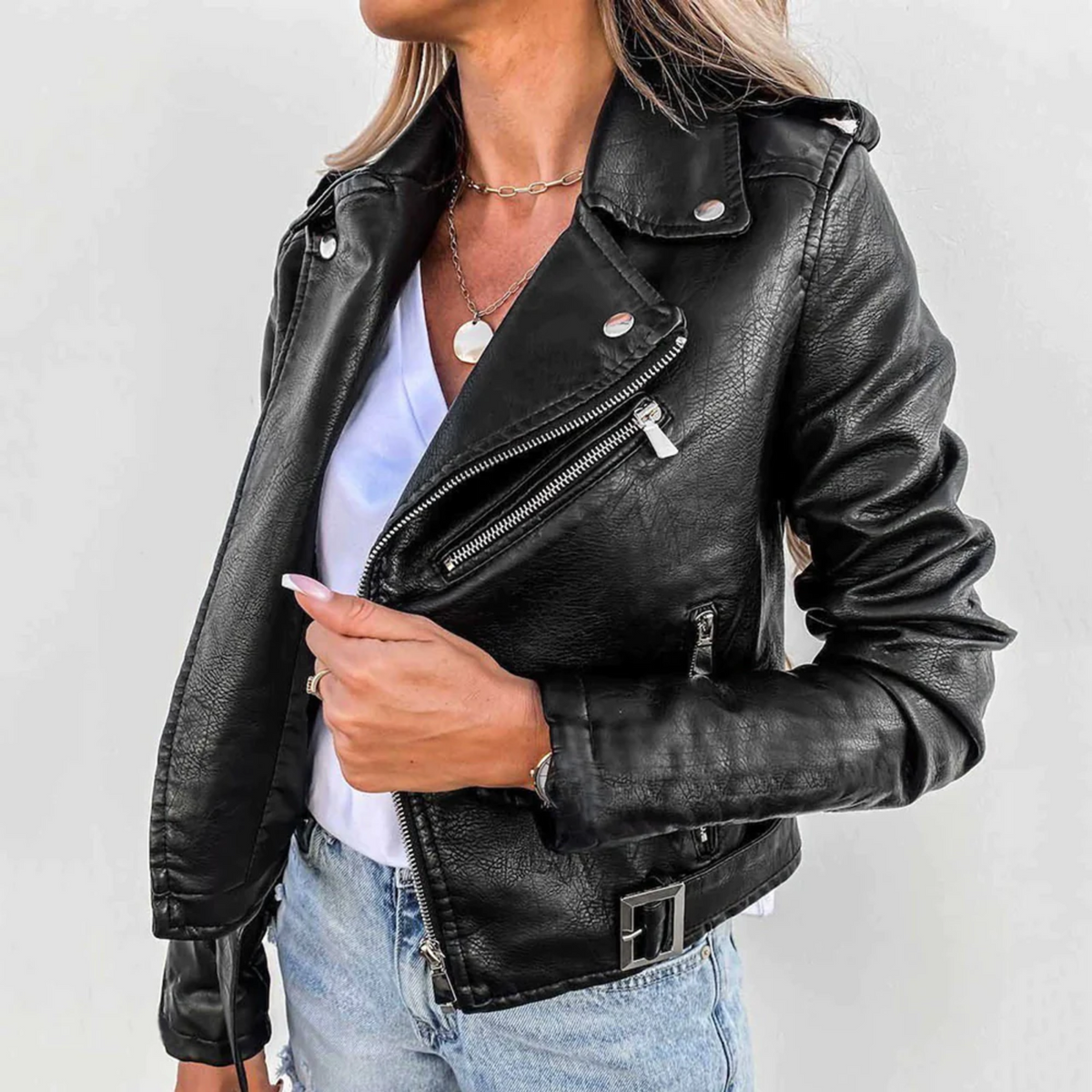 Damen-Lederjacke, Slim Fit, langer Ärmel-2