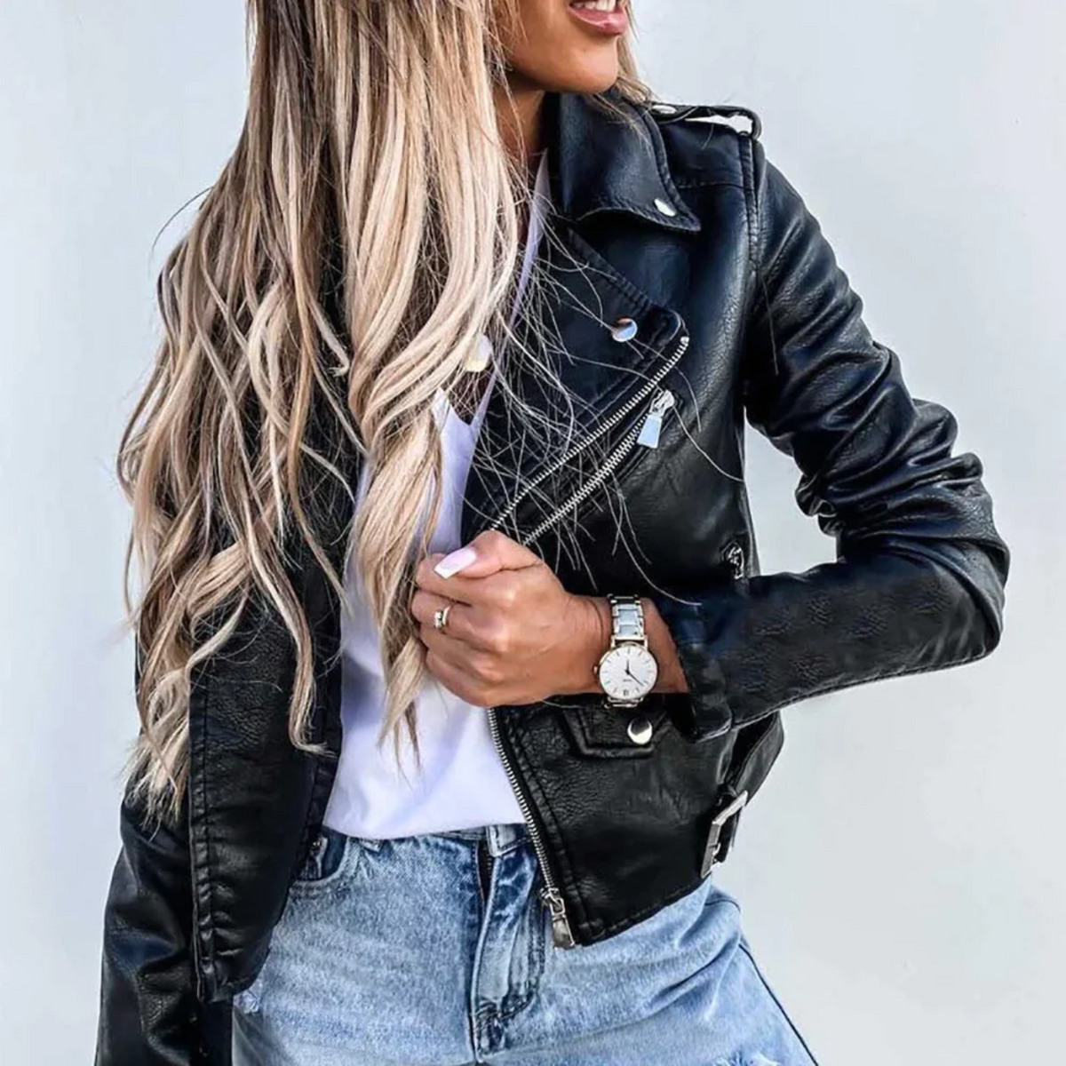 Damen-Lederjacke, Slim Fit, langer Ärmel-3
