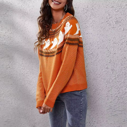 Damenpullover mit Geisterdruck Weiche Baumwolle Polyester 9
