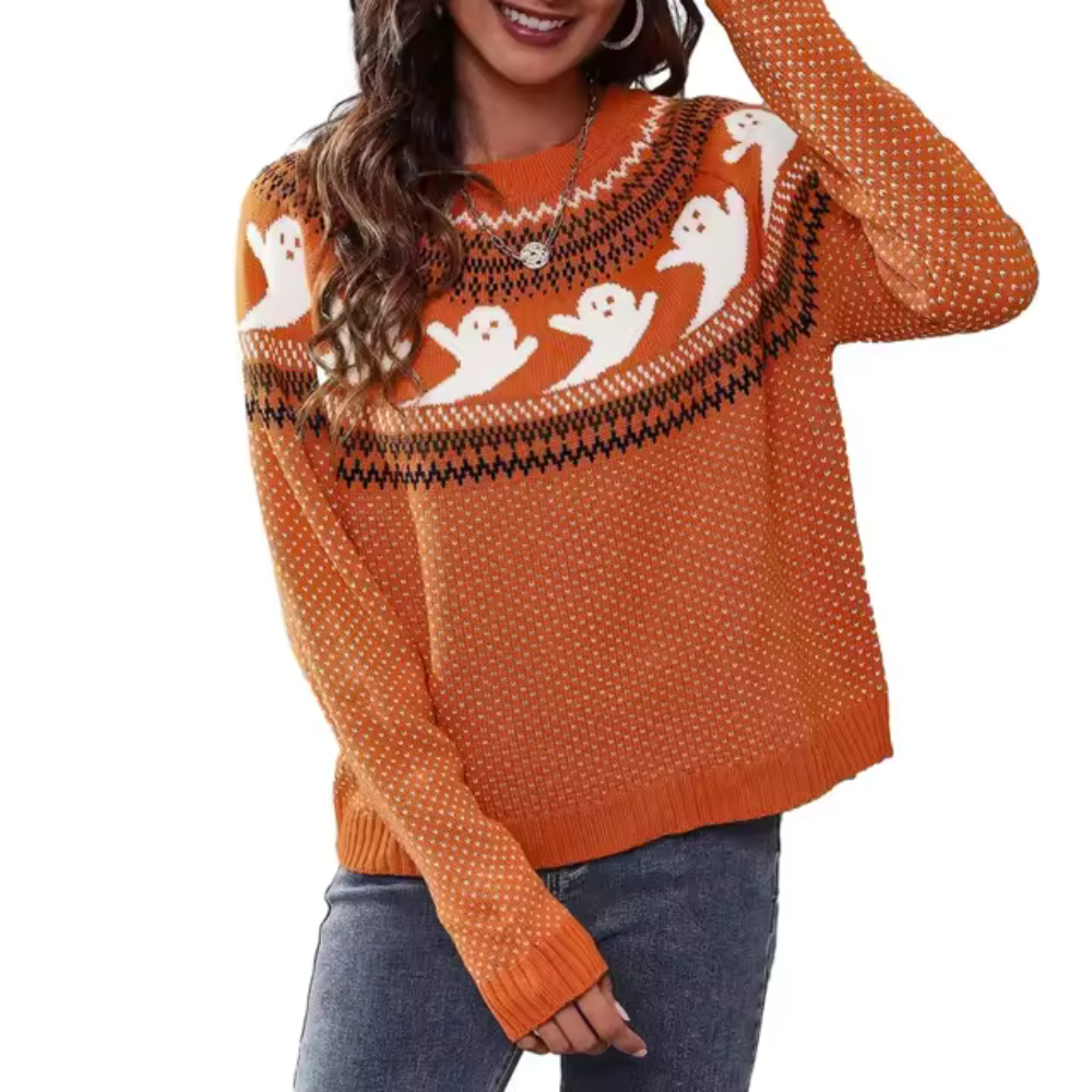Damenpullover mit Geisterdruck Weiche Baumwolle Polyester 4