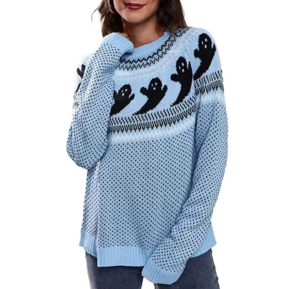 Damenpullover mit Geisterdruck Weiche Baumwolle Polyester 5