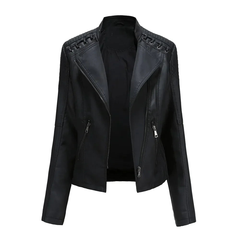 Damen-Bikerjacke, langärmelig, Synthetikleder, modernes Design-3