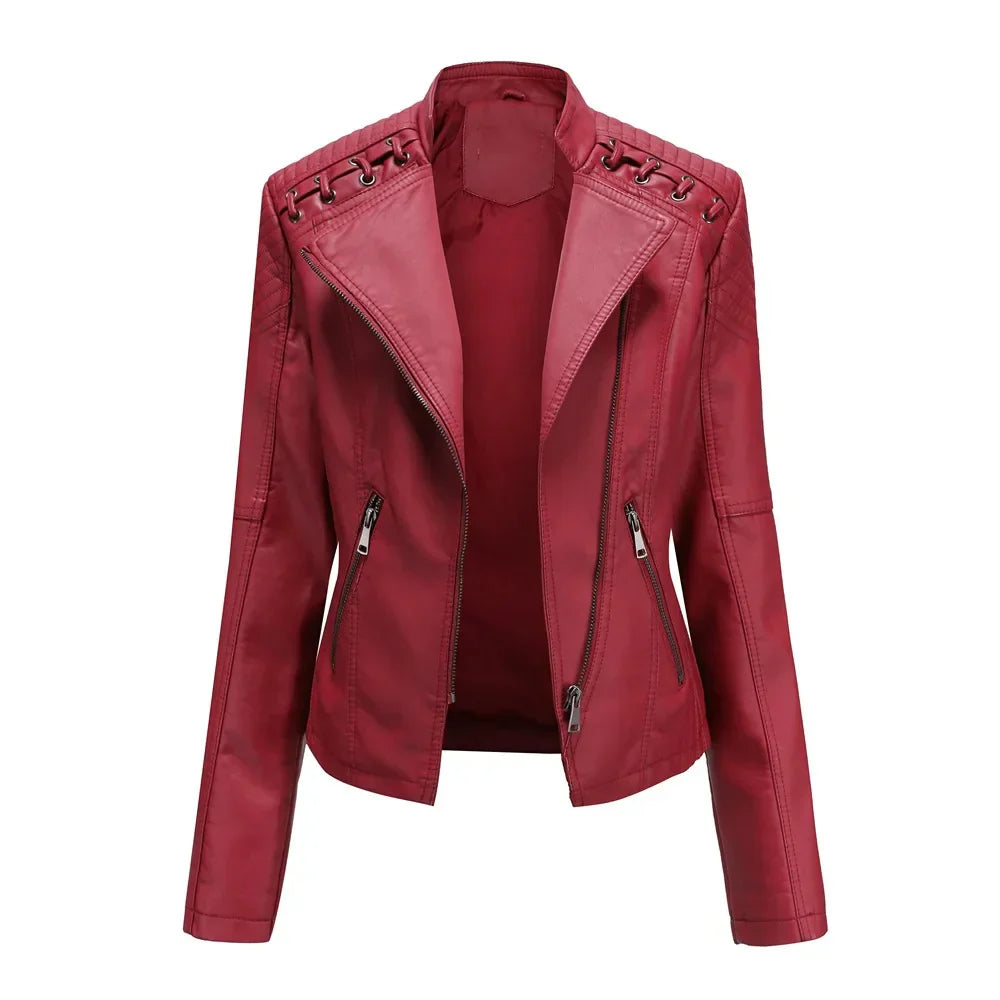 Damen-Bikerjacke, langärmelig, Synthetikleder, modernes Design-1