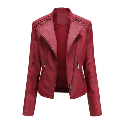 Damen-Bikerjacke, langärmelig, Synthetikleder, modernes Design-1