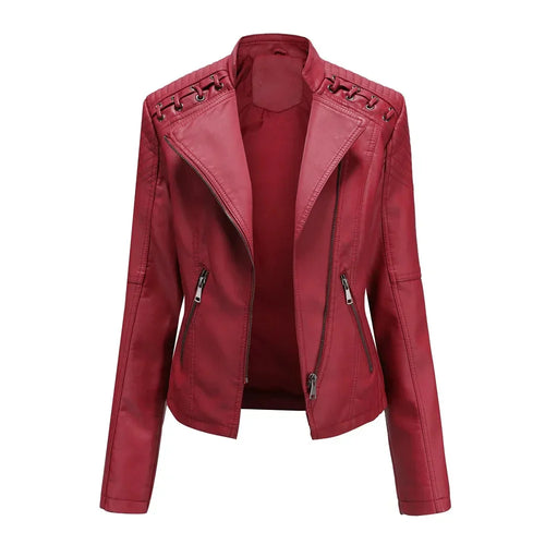 Damen-Bikerjacke, langärmelig, Synthetikleder, modernes Design-1
