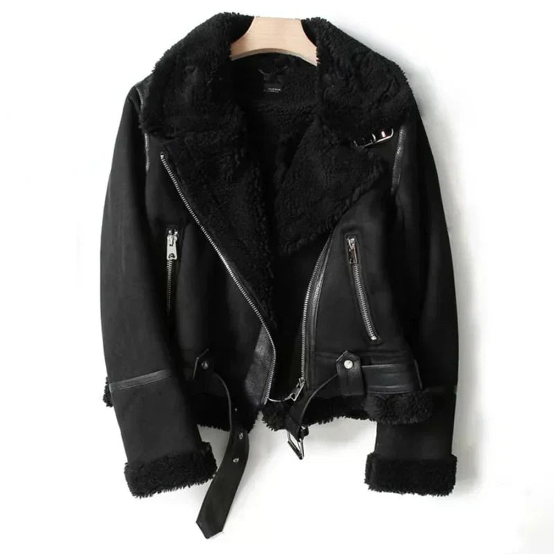 Damen-Langarm-Lederjacke, mit Sherpa-Futter, Elegantes Design-2