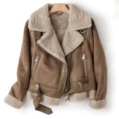 Damen-Langarm-Lederjacke, mit Sherpa-Futter, Elegantes Design-1