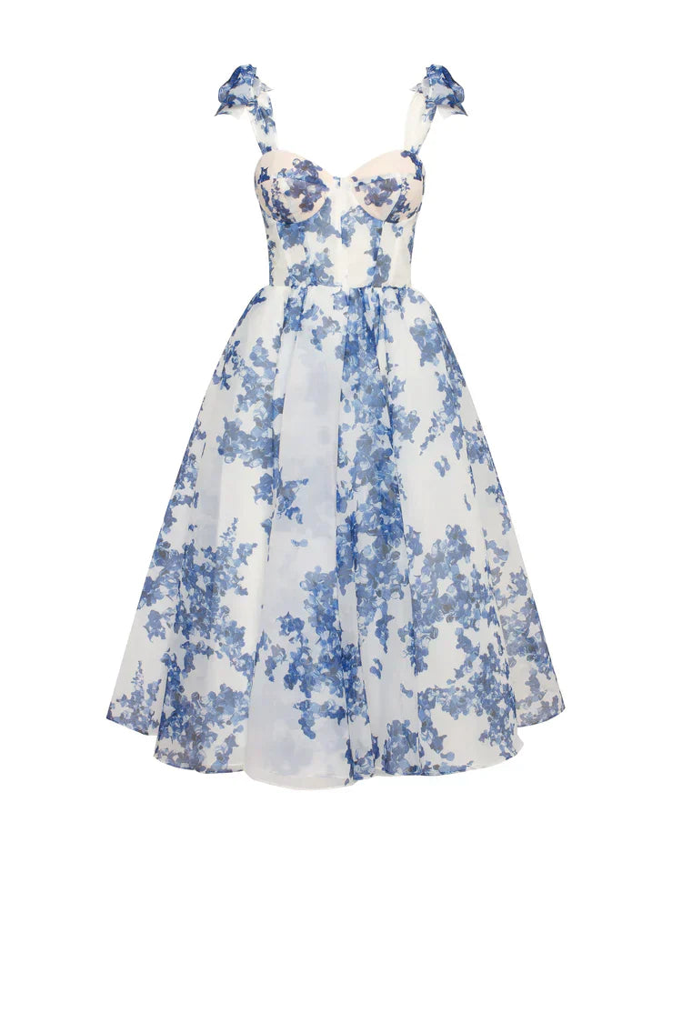 Damen-Midi-Kleid, Organza, mit Hortensienmuster leichtes und luftiges, eleganter Stil-4