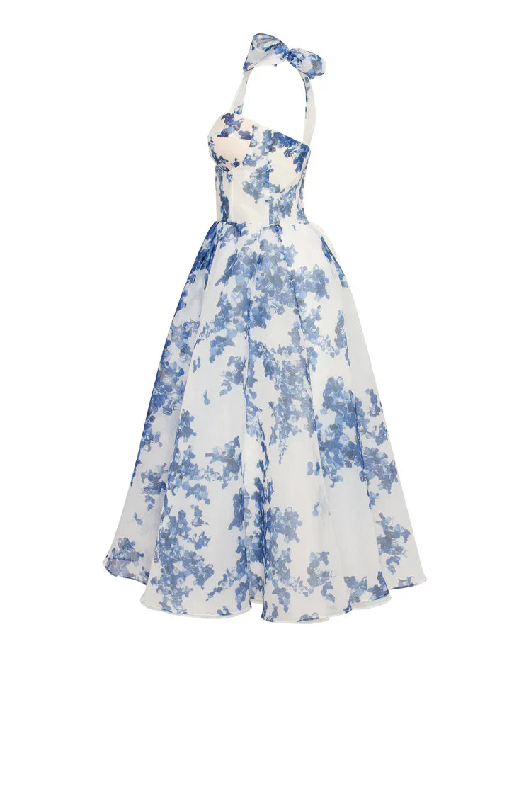 Damen-Midi-Kleid, Organza, mit Hortensienmuster leichtes und luftiges, eleganter Stil-6