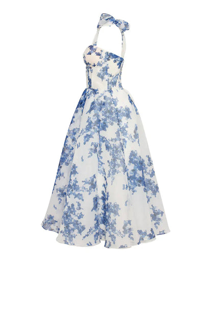 Damen-Midi-Kleid, Organza, mit Hortensienmuster leichtes und luftiges, eleganter Stil-6